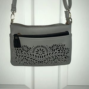 TWO PURSES IN ONE!! grey crossbody with lasercut flowers & velvet black wristlet